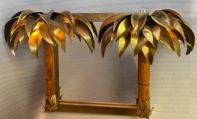 1970′ Mirror With Illuminating Palm Trees Golden Brass Unique and Original Piece By Barbier, Jansen, Fernandez, Faure, Bamboo Trunks