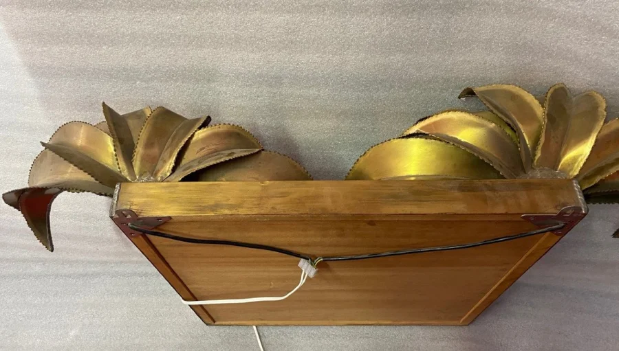 1970′ Mirror With Illuminating Palm Trees Golden Brass Unique and Original Piece By Barbier, Jansen, Fernandez, Faure, Bamboo Trunks
