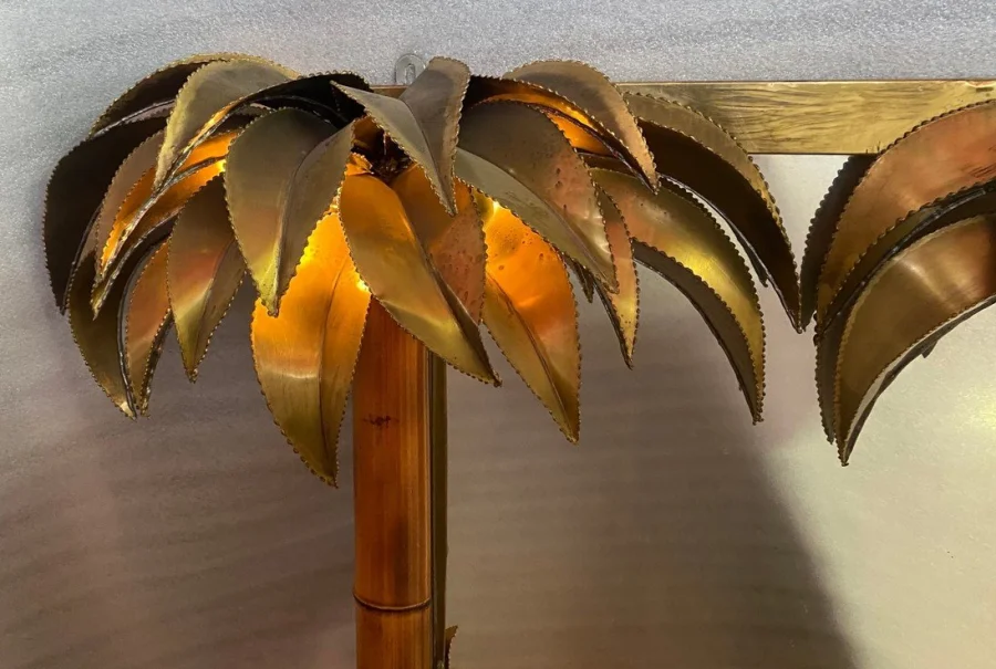 1970′ Mirror With Illuminating Palm Trees Golden Brass Unique and Original Piece By Barbier, Jansen, Fernandez, Faure, Bamboo Trunks