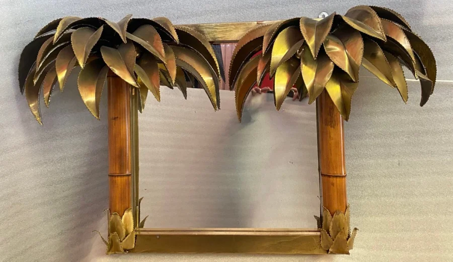 1970′ Mirror With Illuminating Palm Trees Golden Brass Unique and Original Piece By Barbier, Jansen, Fernandez, Faure, Bamboo Trunks