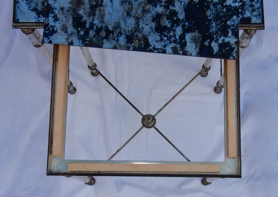 1970′ Series of 3 Maison Baguès Nesting Tables in Silver Metal, 3 Aged Oxidized Mirror Tops and Fluted Uprights