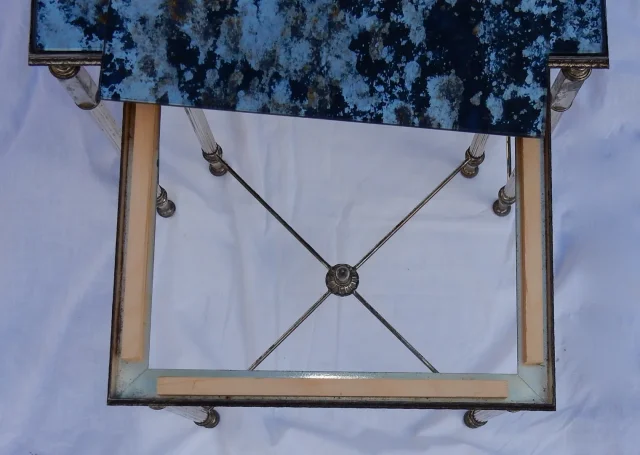 1970′ Series of 3 Maison Baguès Nesting Tables in Silver Metal, 3 Aged Oxidized Mirror Tops and Fluted Uprights