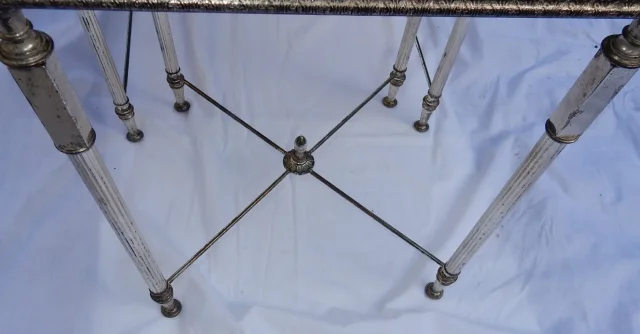 1970′ Series of 3 Maison Baguès Nesting Tables in Silver Metal, 3 Aged Oxidized Mirror Tops and Fluted Uprights