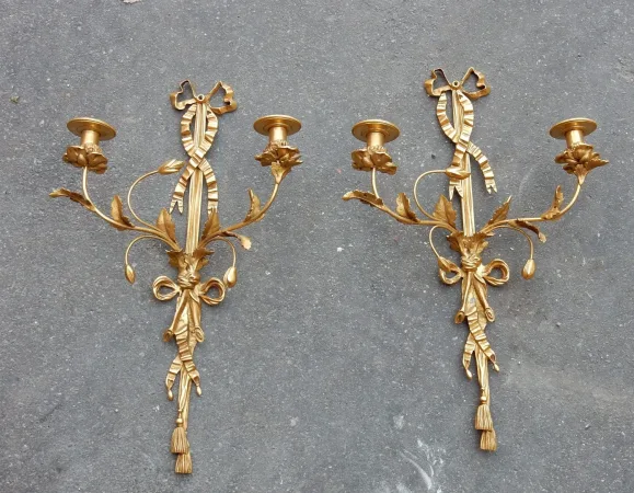 1950′ Pair Of LXVI Style Gilt Bronze Sconces