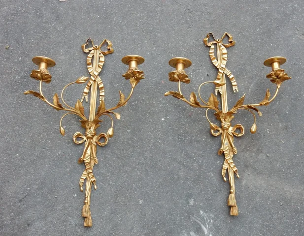 1950′ Paire D’Appliques En Bronze Doré De Style LXVI