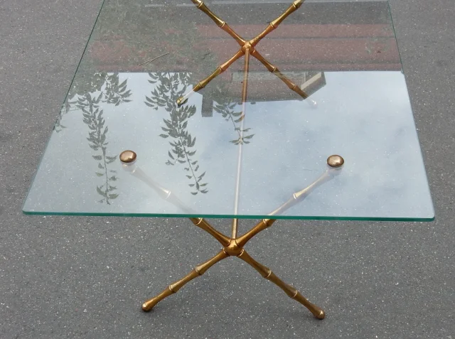 1950/70 Table Basse en Bronze Doré Maison Baguès Modèle Bambou, Entretoise, Plateau en Verre Vissé