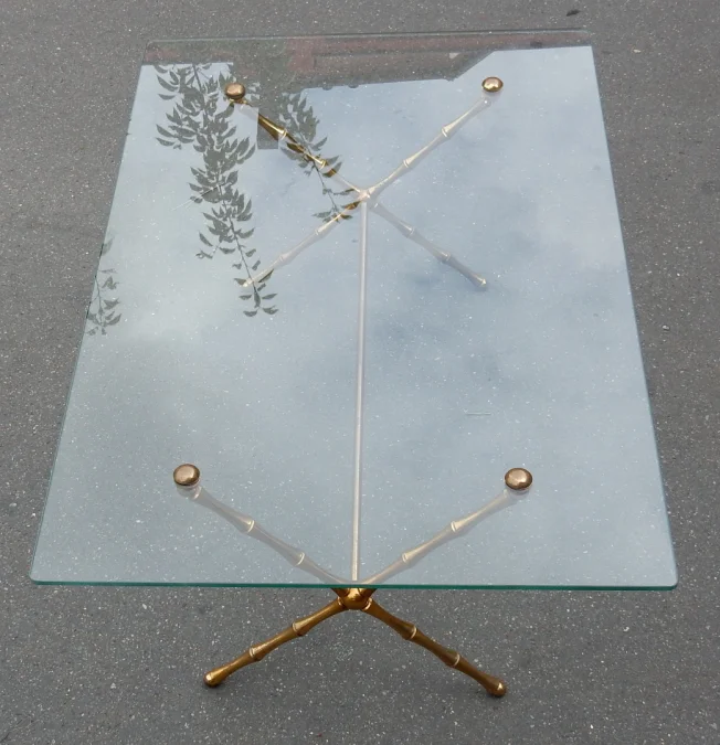 1950/70 Table Basse en Bronze Doré Maison Baguès Modèle Bambou, Entretoise, Plateau en Verre Vissé