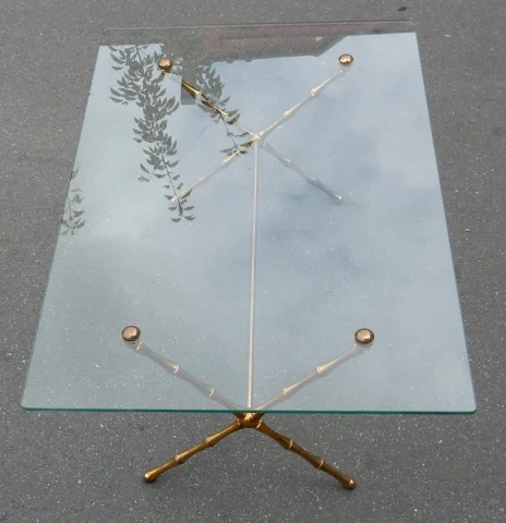 1950/70 Table Basse en Bronze Doré Maison Baguès Modèle Bambou, Entretoise, Plateau en Verre Vissé