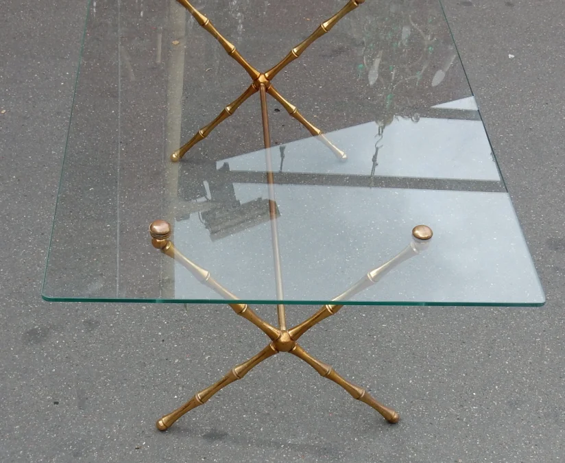 1950/70 Table Basse en Bronze Doré Maison Baguès Modèle Bambou, Entretoise, Plateau en Verre Vissé