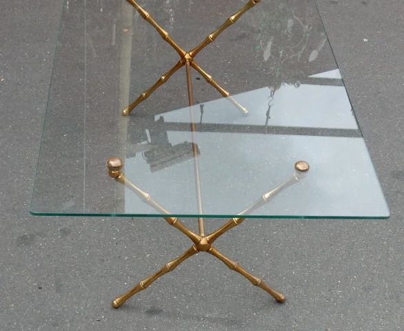 1950/70 Table Basse en Bronze Doré Maison Baguès Modèle Bambou, Entretoise, Plateau en Verre Vissé