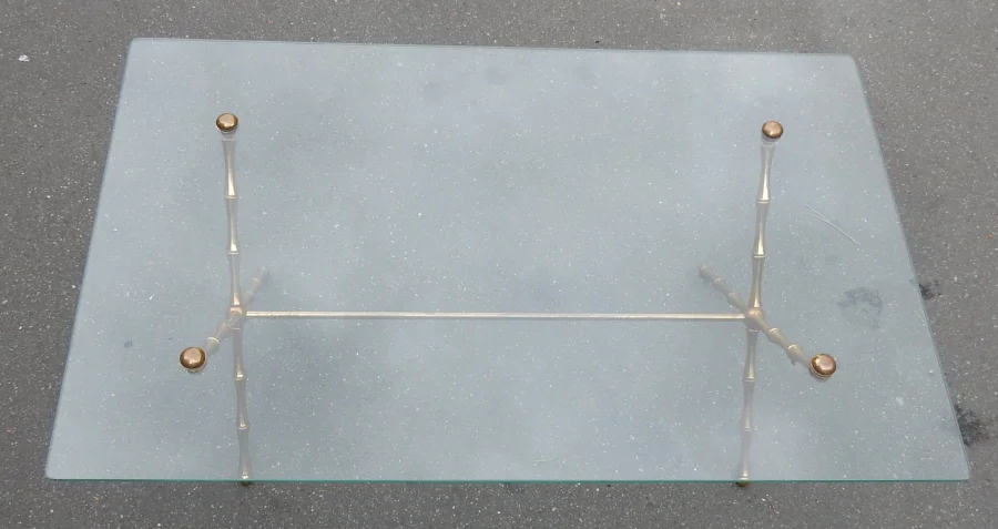 1950/70 Table Basse en Bronze Doré Maison Baguès Modèle Bambou, Entretoise, Plateau en Verre Vissé