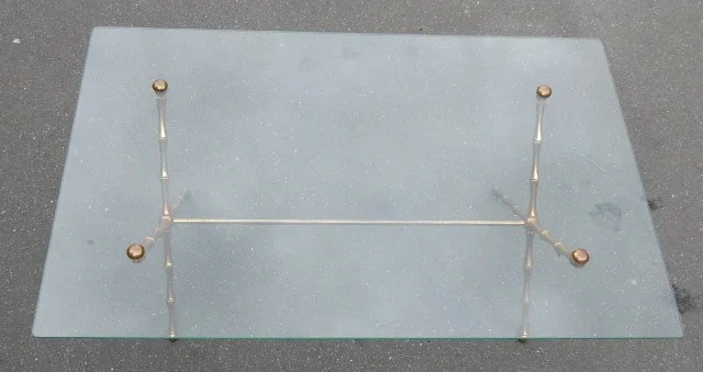 1950/70 Table Basse en Bronze Doré Maison Baguès Modèle Bambou, Entretoise, Plateau en Verre Vissé