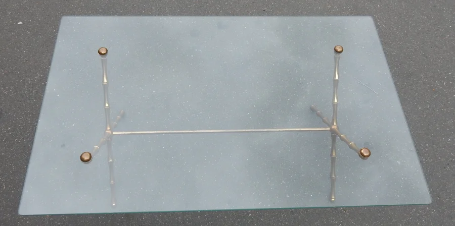 1950/70 Table Basse en Bronze Doré Maison Baguès Modèle Bambou, Entretoise, Plateau en Verre Vissé