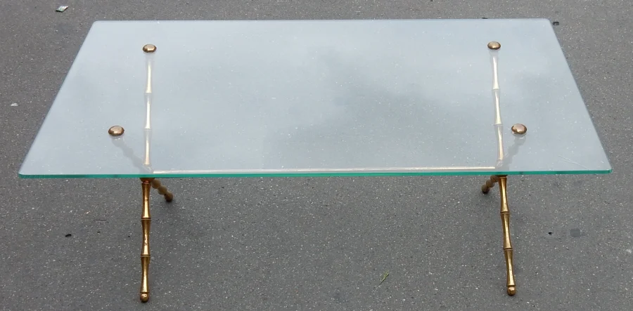 1950/70 Table Basse en Bronze Doré Maison Baguès Modèle Bambou, Entretoise, Plateau en Verre Vissé