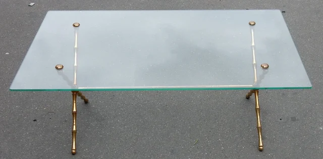 1950/70 Table Basse en Bronze Doré Maison Baguès Modèle Bambou, Entretoise, Plateau en Verre Vissé