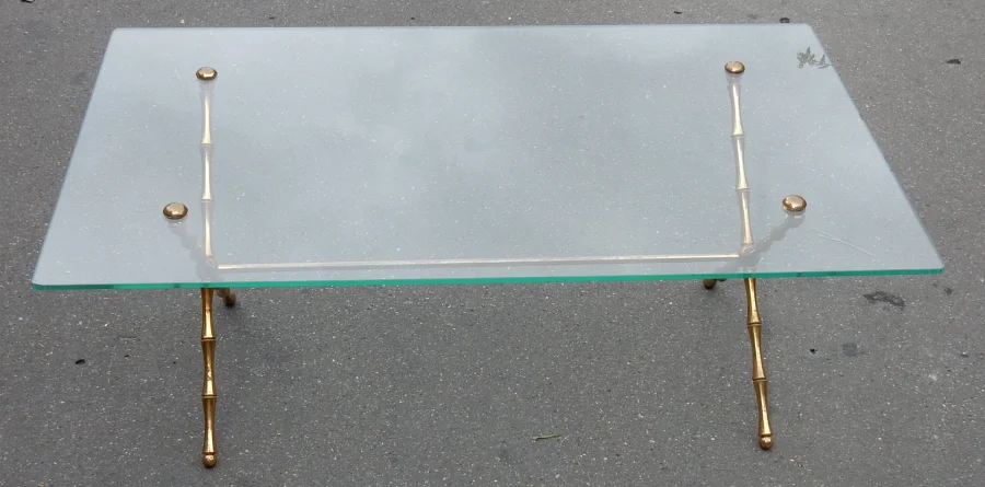 1950/70 Table Basse en Bronze Doré Maison Baguès Modèle Bambou, Entretoise, Plateau en Verre Vissé