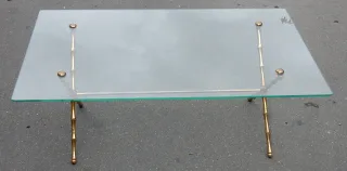 1950/70 Table Basse en Bronze Doré Maison Baguès Modèle Bambou, Entretoise, Plateau en Verre Vissé