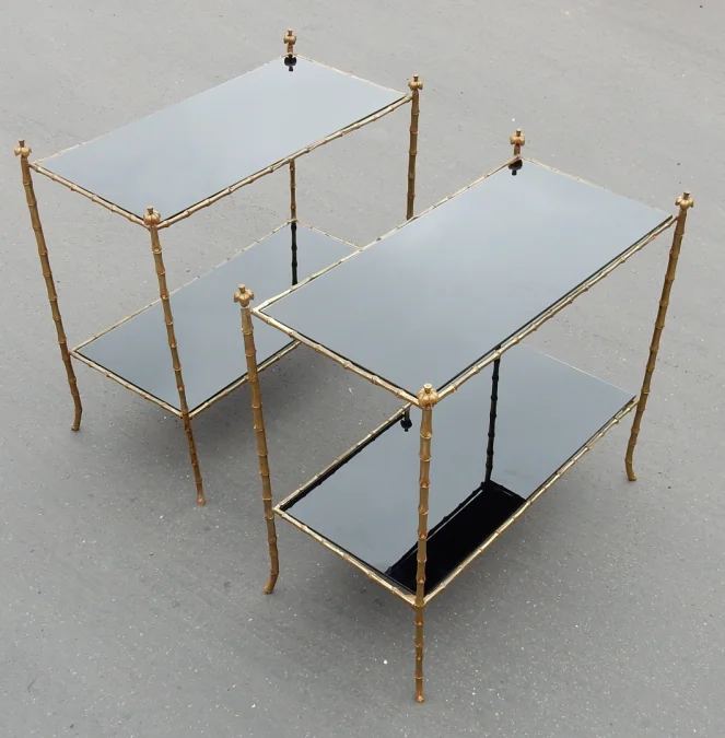 1970′ Paire De Tables Montants Palmiers En Bronze Doré Style Maison Charles