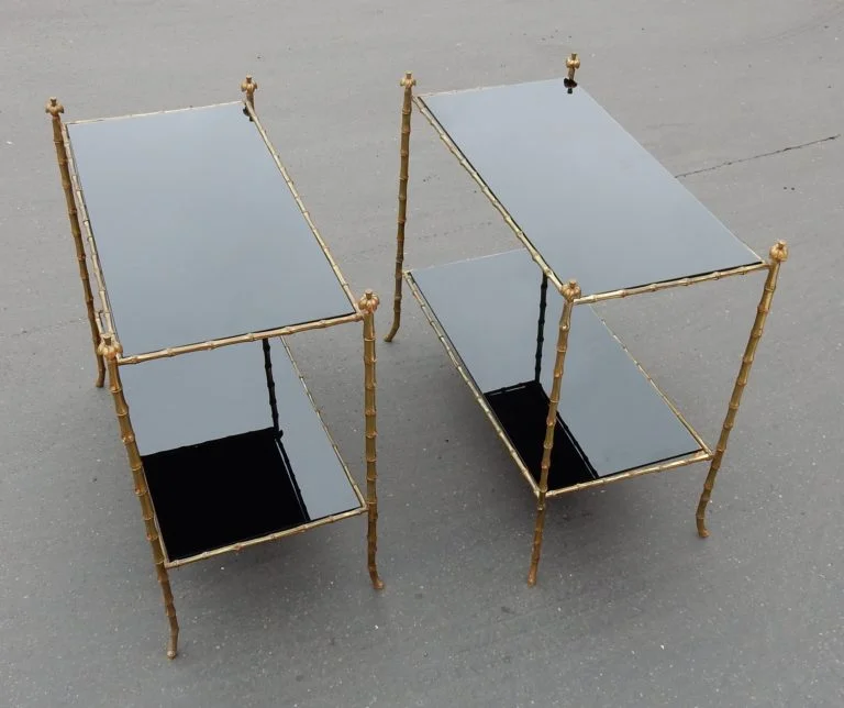 1970′ Paire De Tables Montants Palmiers En Bronze Doré Style Maison Charles