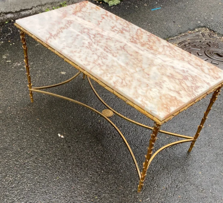 1950s/70s Gilded Bronze Coffee Table, Marble or Onyx Top, Maison Baguès Palm Tree Model