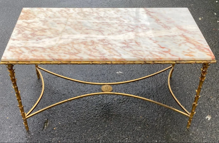 1950s/70s Gilded Bronze Coffee Table, Marble or Onyx Top, Maison Baguès Palm Tree Model