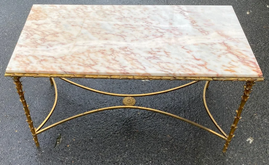 1950s/70s Gilded Bronze Coffee Table, Marble or Onyx Top, Maison Baguès Palm Tree Model