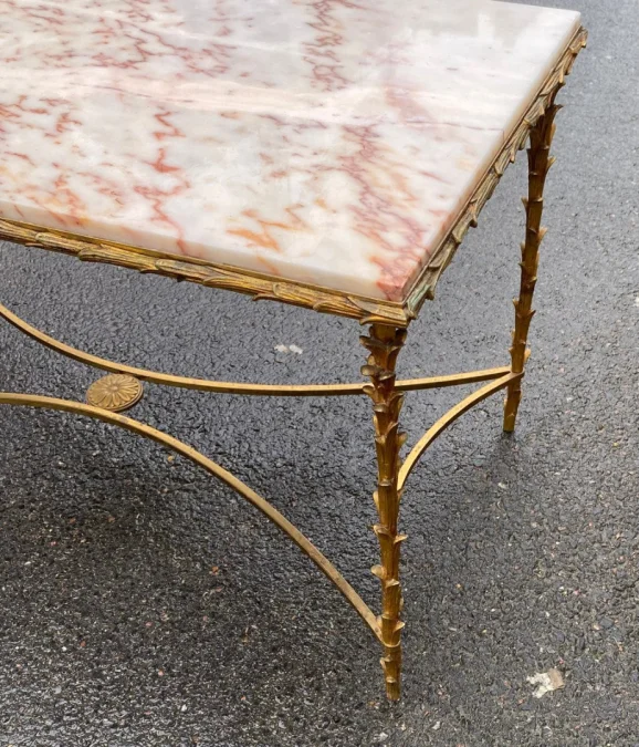 1950s/70s Gilded Bronze Coffee Table, Marble or Onyx Top, Maison Baguès Palm Tree Model