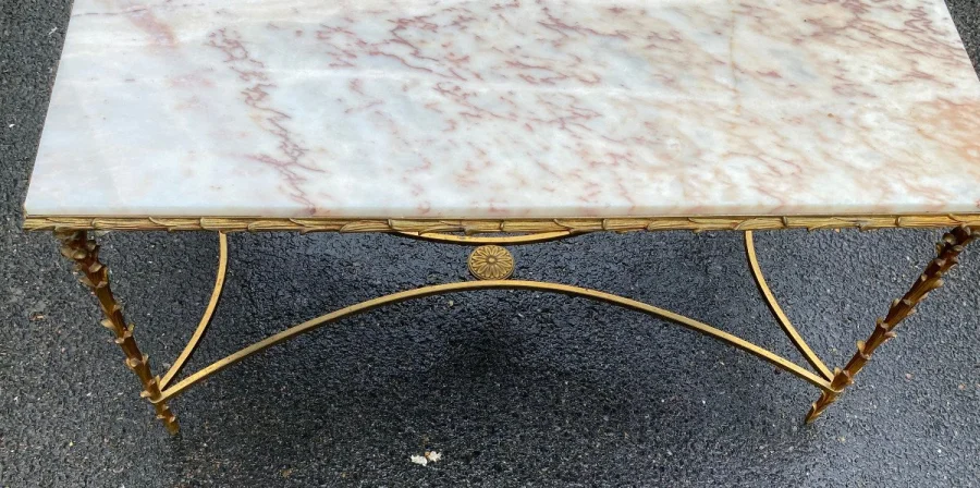 1950s/70s Gilded Bronze Coffee Table, Marble or Onyx Top, Maison Baguès Palm Tree Model