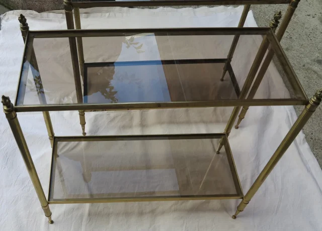 Pair of Maison Baguès Rectangular Sofa Ends Brass and Bronze Smoked Glass Trays with Olympic Flames
