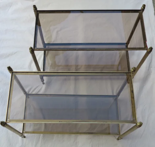 Pair of Maison Baguès Rectangular Sofa Ends Brass and Bronze Smoked Glass Trays with Olympic Flames