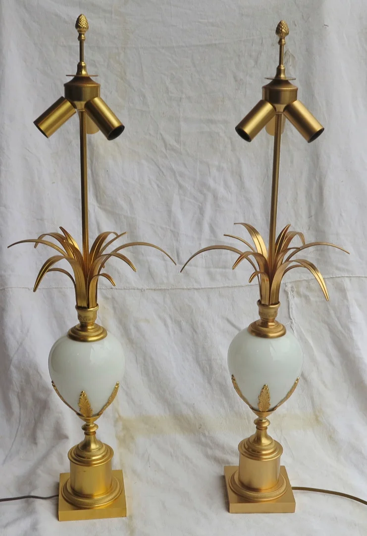 1950/70′ Paire de Lampes Opaline Blanche Style Charles