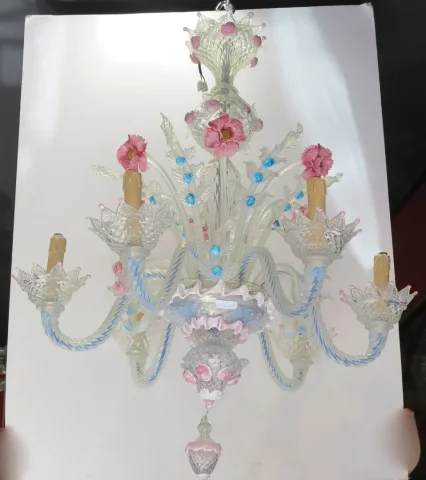 1950′ Murano Chandelier with 6 Lights in Opalescent Blue Glass and Pink Glass Paste