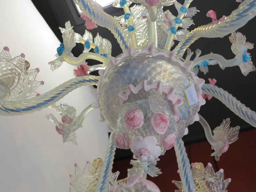 1950′ Murano Chandelier with 6 Lights in Opalescent Blue Glass and Pink Glass Paste