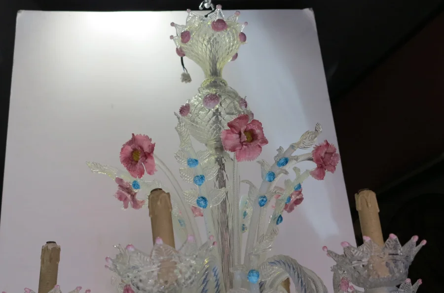 1950′ Murano Chandelier with 6 Lights in Opalescent Blue Glass and Pink Glass Paste