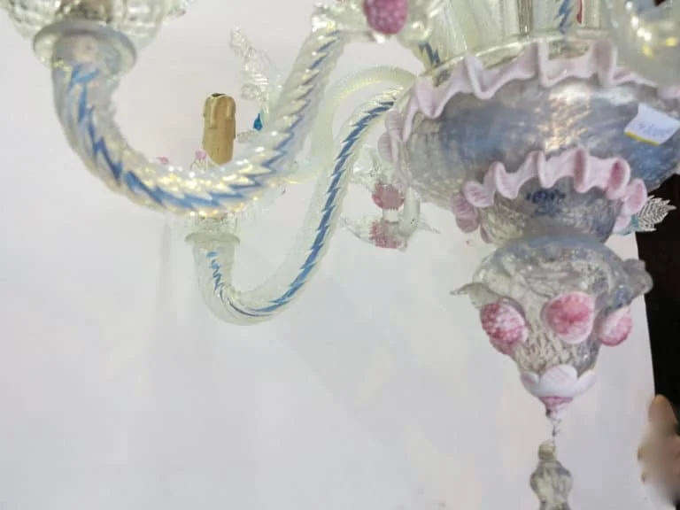 1950′ Murano Chandelier with 6 Lights in Opalescent Blue Glass and Pink Glass Paste