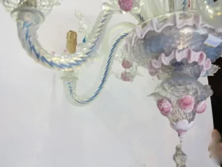 1950′ Murano Chandelier with 6 Lights in Opalescent Blue Glass and Pink Glass Paste