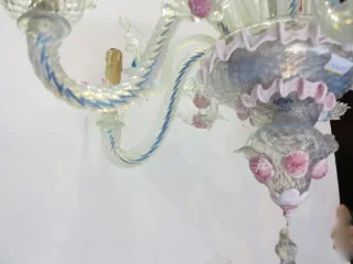 1950′ Murano Chandelier with 6 Lights in Opalescent Blue Glass and Pink Glass Paste