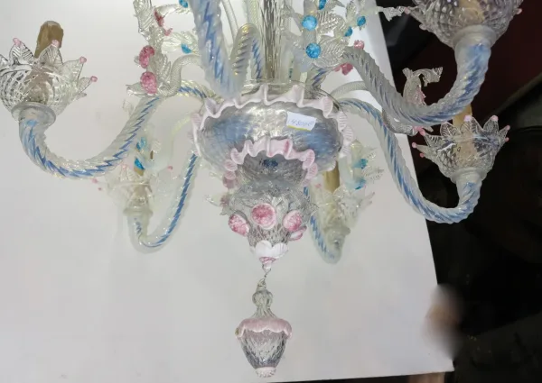 1950′ Murano Chandelier with 6 Lights in Opalescent Blue Glass and Pink Glass Paste