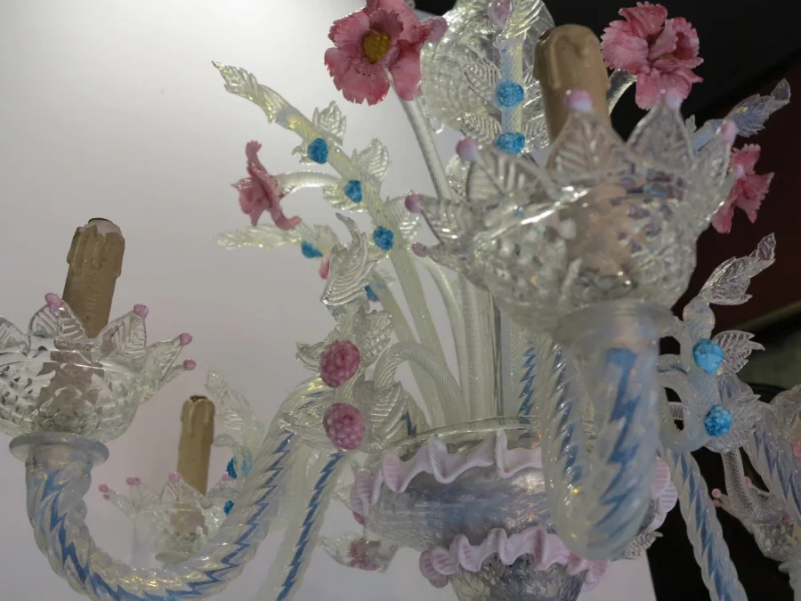 1950′ Murano Chandelier with 6 Lights in Opalescent Blue Glass and Pink Glass Paste