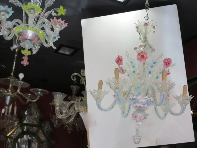 1950′ Murano Chandelier with 6 Lights in Opalescent Blue Glass and Pink Glass Paste