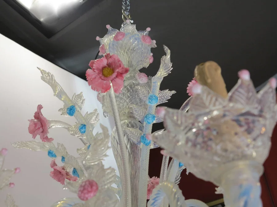 1950′ Murano Chandelier with 6 Lights in Opalescent Blue Glass and Pink Glass Paste