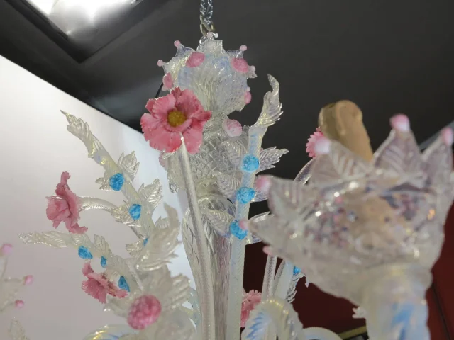 1950′ Murano Chandelier with 6 Lights in Opalescent Blue Glass and Pink Glass Paste