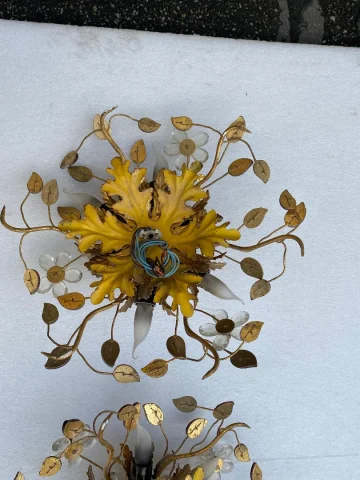 1970s Pair of Ceiling Lights or Wall Sconces with Leaf Decorations in Metal and Glass, Maison Baguès or Banci, Blood Orange Color.