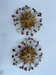 1970s Pair of Ceiling Lights or Wall Sconces with Leaf Decorations in Metal and Glass, Maison Baguès or Banci, Blood Orange Color.