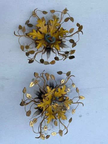 1970s Pair of Ceiling Lights or Wall Sconces with Leaf Decorations in Metal and Glass, Maison Baguès or Banci, Blood Orange Color.