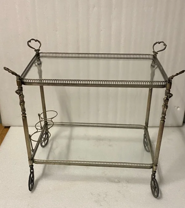 1970s Nickel-Plated Bronze Bar Cart, Maison Jansen, with Cherub Decor and Fixed Shelves.