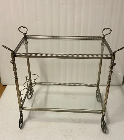 1970s Nickel-Plated Bronze Bar Cart, Maison Jansen, with Cherub Decor and Fixed Shelves.