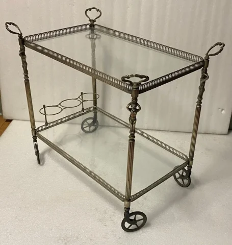 1970s Nickel-Plated Bronze Bar Cart, Maison Jansen, with Cherub Decor and Fixed Shelves.