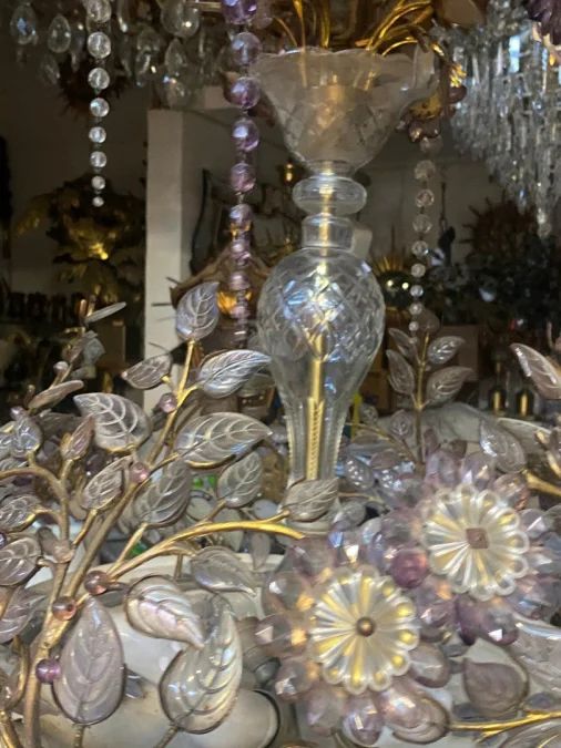 1970s Gilded Brass Chandelier with Botanical Decor, Maison Baguès Style, Colored Glass Leaves and Flowers