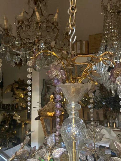 1970s Gilded Brass Chandelier with Botanical Decor, Maison Baguès Style, Colored Glass Leaves and Flowers